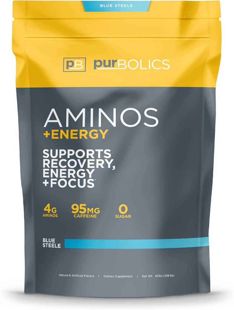 Purbolics Aminos + Énergie , soutient la récupération, l'énergie et le focus , 95mg de caféine, 0 calories et 60 portions (Blue Steele)