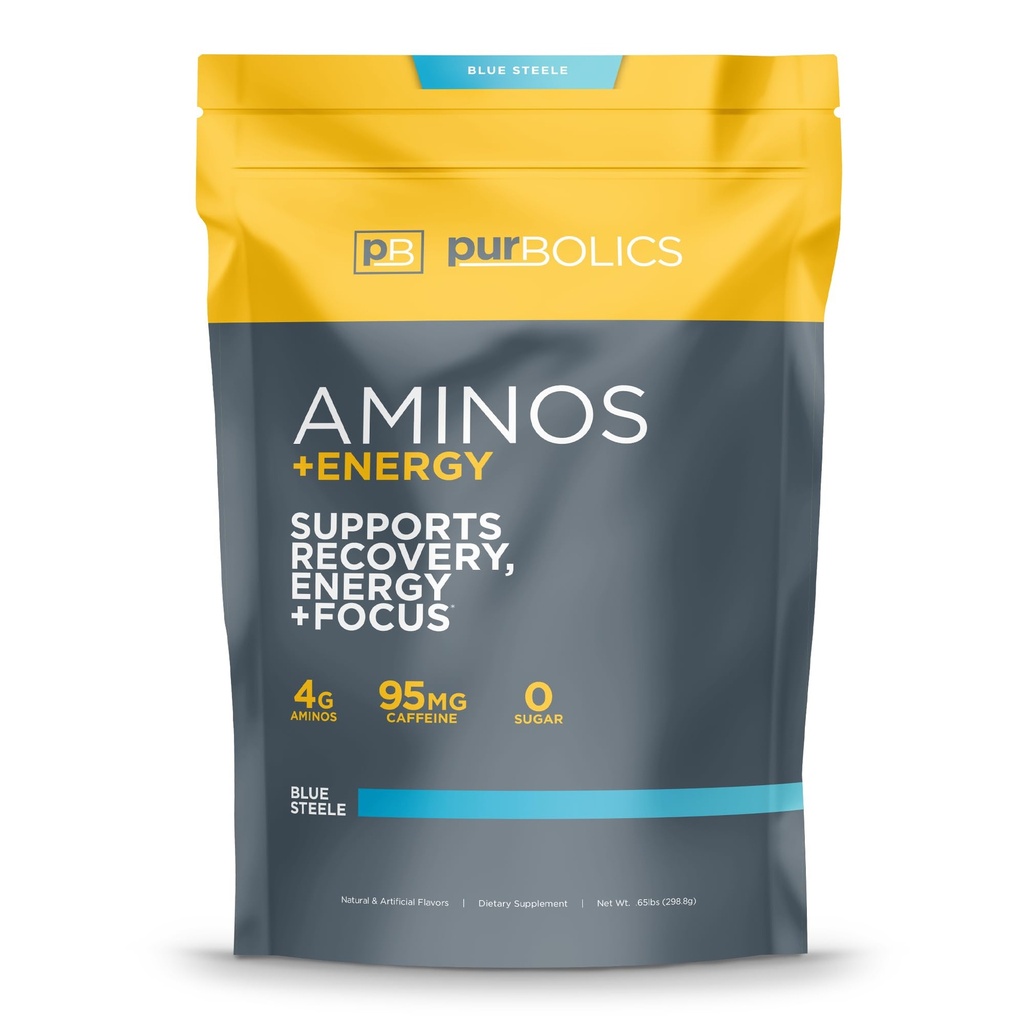 Purbolics Aminos + Énergie , soutient la récupération, l'énergie et le focus , 95mg de caféine, 0 calories et 60 portions (Blue Steele)