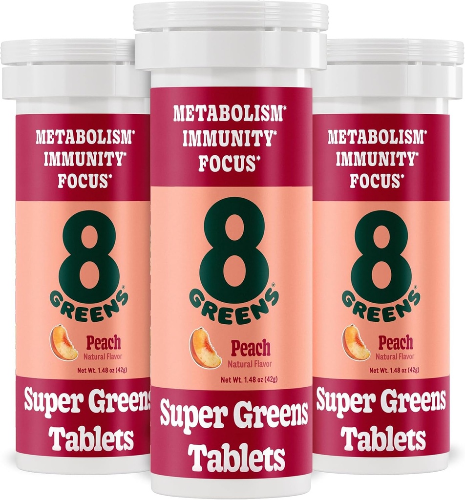 8Greens Supergreens Tablets | Super Greens Powder Superfood Tablet, Metabolism Immunity & Focus, Daily Greens Effervescent Tablets, Organic: Aloe Vera, Spirulina, Chlorella, Peach, 30 Servings