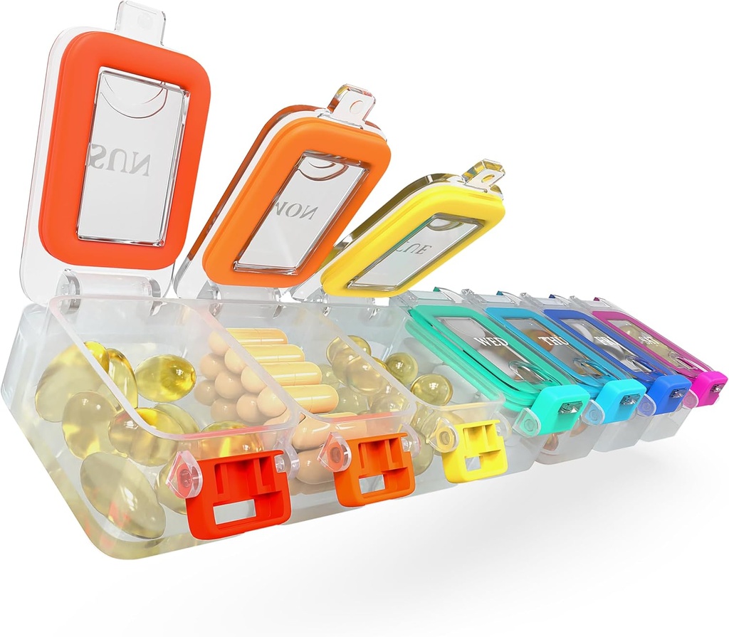 BEXEEN Weekly Medicine Pill Organizer Waterproof 7 Day Large Pill Box Daily Pill Case Cute Vitamin Organizer Portable Pill Container Travel Pills Holder XL Supplement Medication Dispenser One a Day