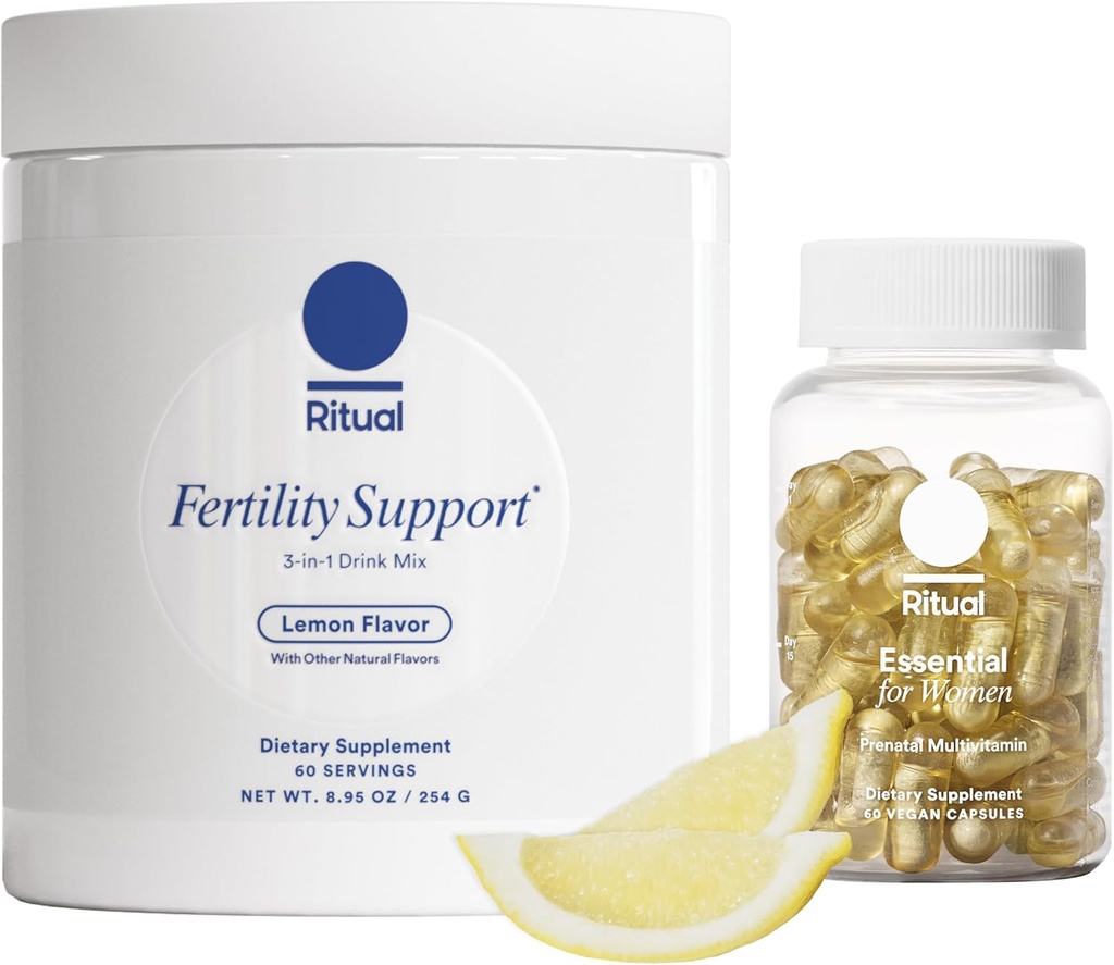 Ritual Preconception Bundle: Essential for Women Prenatal Multivitamin and Lemony Fertility Support Drink Mix Supplement with NAC, CoQ10, and Myo-Inositol. Vegan and Formulated to Support Her.*