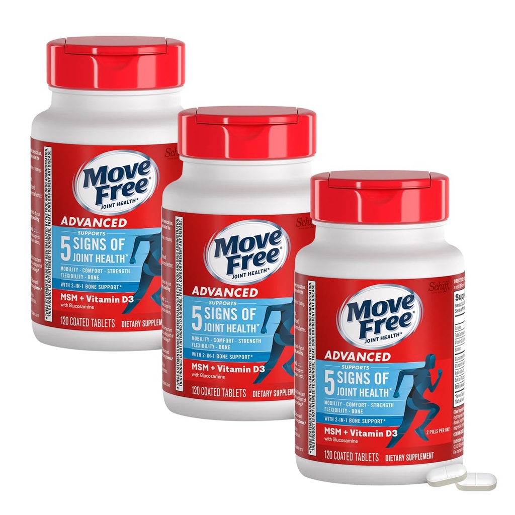 Déplacer sans glucosamine avancée Chondroïtine MSM + supplément de soutien de la vitamine D3, soutient la mobilité confort résistance flexibilité et os + immunitaire santé - comprimé, bouteilles 3x120ct (120 portions)*