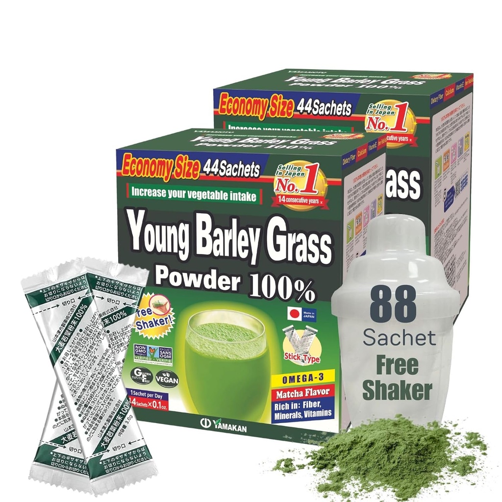 Yamamoto Kanpoh YAMAKAN Young Orley Grass Powder, jus d'herbe riche en minéraux, vitamines et protéines végétales pour les femmes et les hommes, jus d'orge en poudre du Japon, sachets portables non OGM 88
