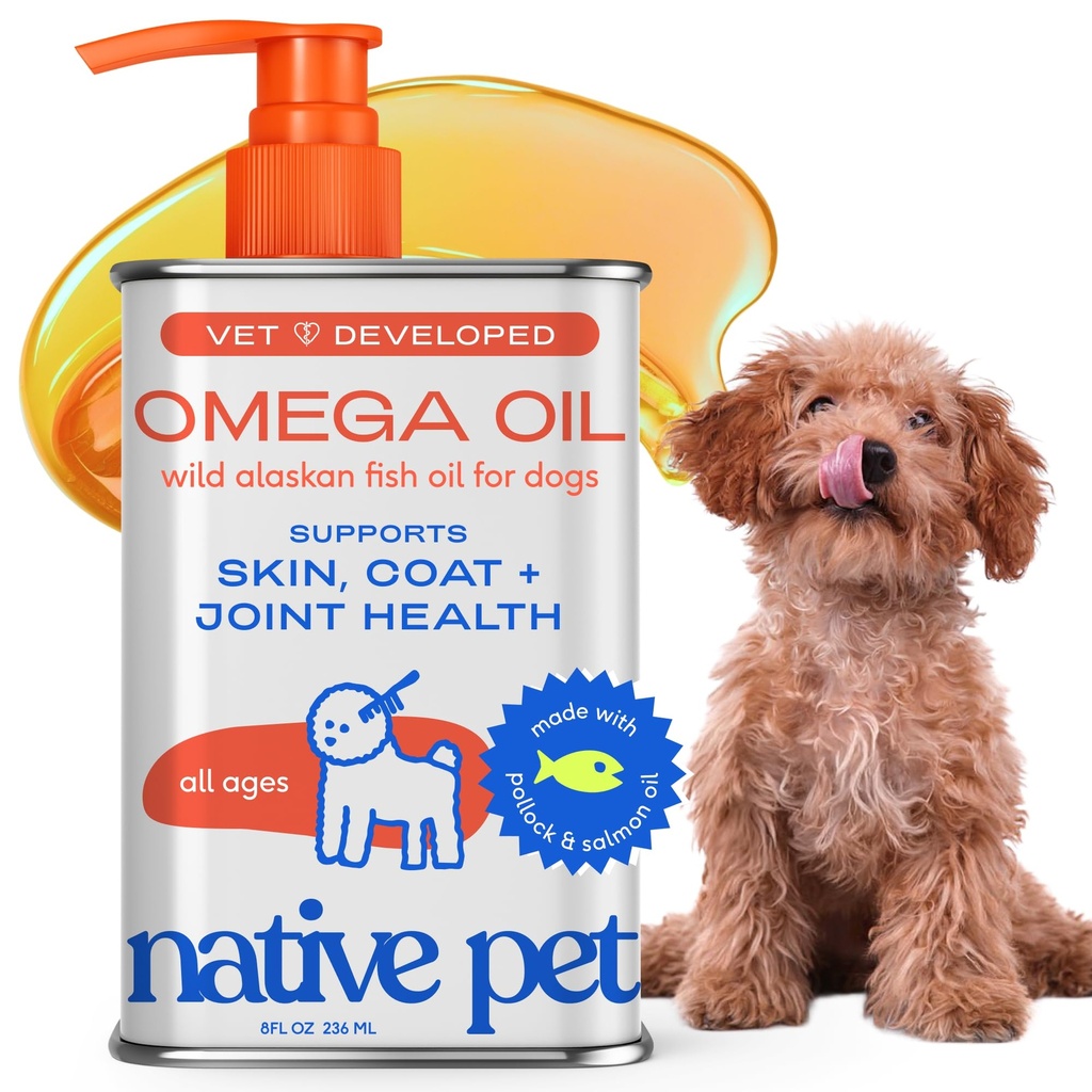 Huile de poisson d'Oméga 3 pour les chiens et les chats - Promotion de la peau saine, du manteau brillant et des articulations fortes - Fabriqué avec de l'huile de saumon sauvage d'Alaska pour les chiens – Oméga 3 6 9 supplément liquide - 8oz