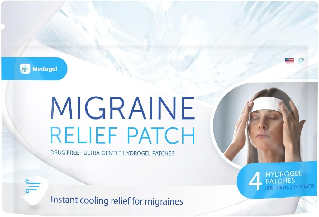 Patch de soulagement de la migraine, Patchs de refroidissement pour la migraine, la fièvre, l'hormone et les maux de tête, Refroidissement hydrogel sans mess et odor, fabriqué aux États-Unis, 1 pack (4 x Patchs) Blanc