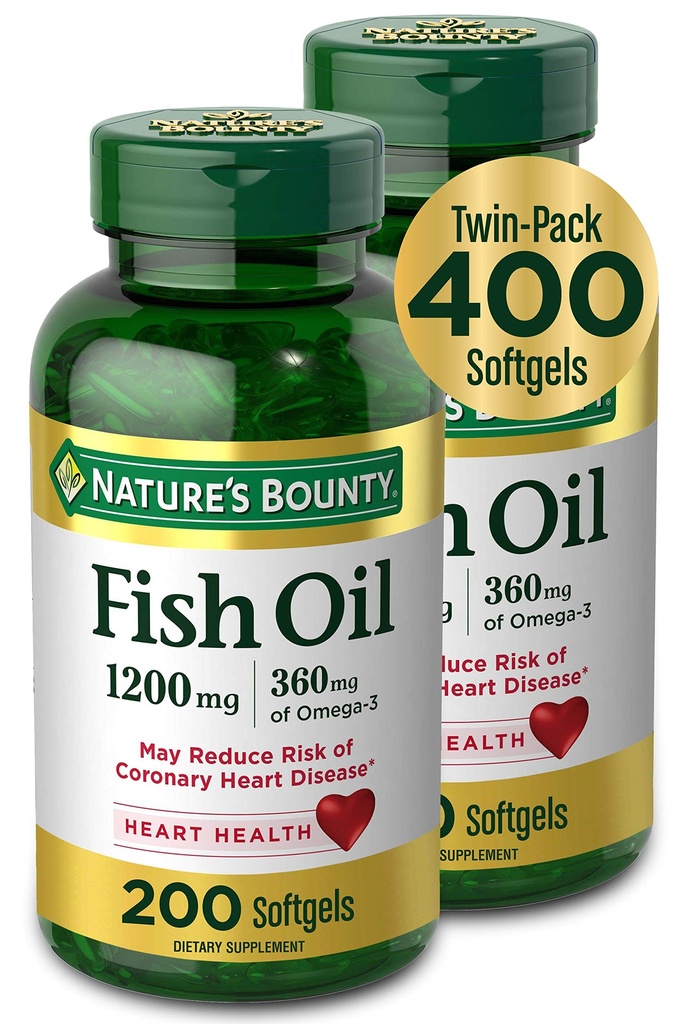 Huile de poisson de la nature, supplément alimentaire avec 360mg Oméga-3, soutient la santé cardiaque, 1200mg, 200 Softgels (paquet de 2)