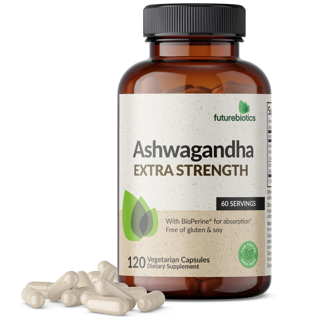 Futurebiotics Ashwagandha Extra Strength Stress & Mood Support avec BioPerine - Formule non OGM, 120 Capsules végétariennes