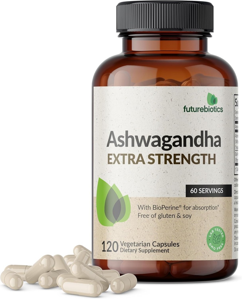 Futurebiotics Ashwagandha Extra Strength Stress & Mood Support avec BioPerine - Formule non OGM, 120 Capsules végétariennes