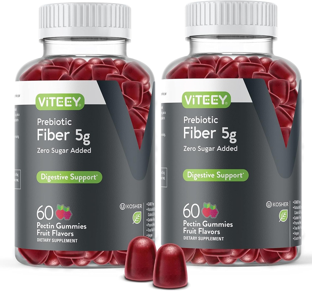 Gommies de fibre prébiotique de Viteey pour adultes, 5g - Gummes de supplément de fibre soluble de santé et digestif - Zéro sucre ajouté, végétalien, sans gluten - 120 Compte