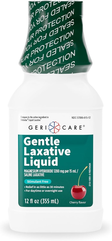 Laxatif liquide GeriCare pour le soulagement de la constipation - Adoucisseur de tabouret de résistance maximale avec hydroxyde de magnésium, Lait de magnésie Aromatisé à la cerise et soutien de prép de coloscopie, sans stimulant 12 oz