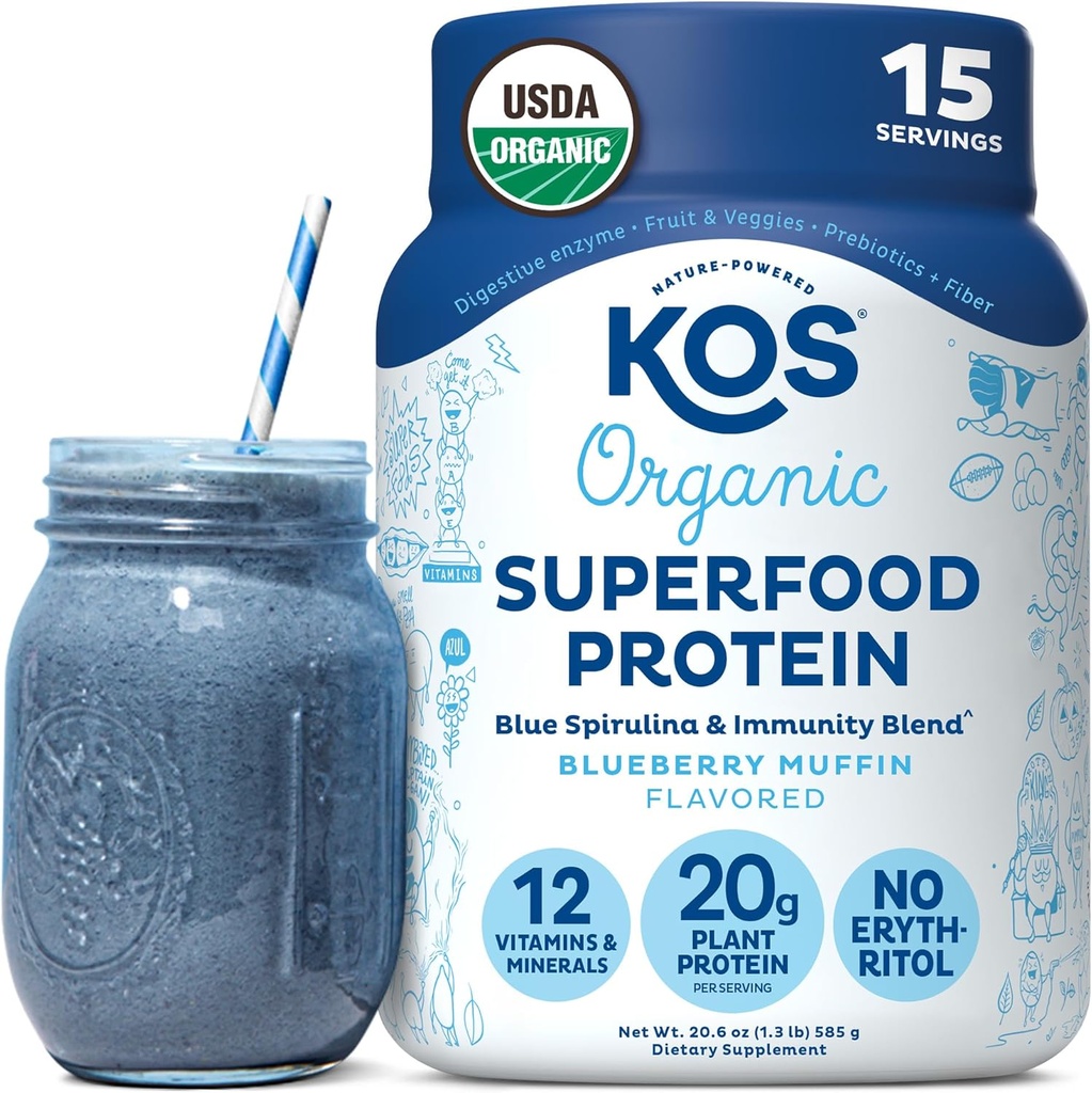 KOS Plant Based Protein Powder, Blueberry Muffin - Organic Pea Protein Superfood with Spirulina and Immune Support Blend. Soy, Gluten, Dairy Free - Vegan Meal Replacement for Women & Men - 15 Servings