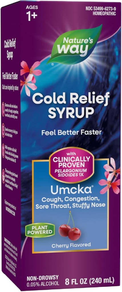Nature's Way Cold Relief Sirop, Umcka, raccourcit la durée et réduit la gravité, multisymptômes Cold Relief, homéopathique, phényléphrine libre, non somnolent, aromatisé cerise, 8 Fl Oz (paquetage mai Vary)