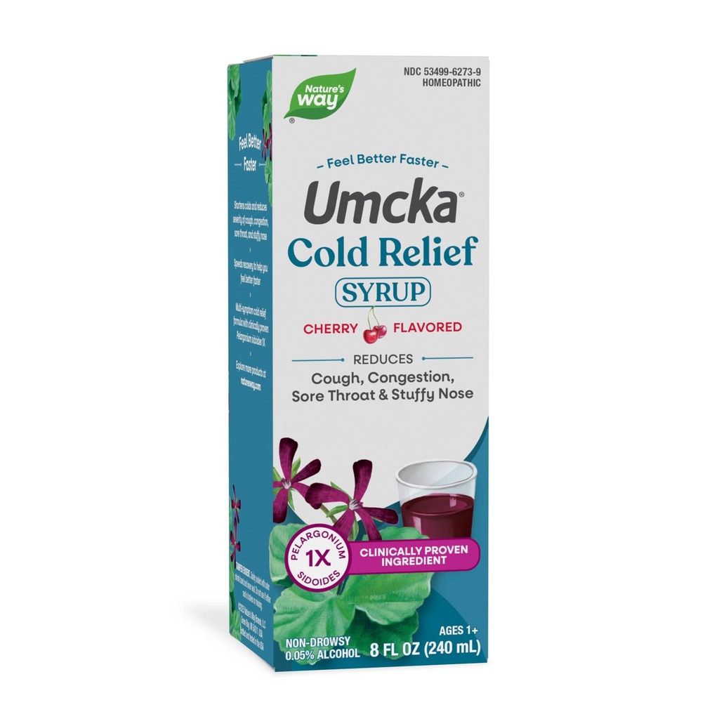 Nature's Way Cold Relief Sirop, Umcka, raccourcit la durée et réduit la gravité, multisymptômes Cold Relief, homéopathique, phényléphrine libre, non somnolent, aromatisé cerise, 8 Fl Oz (paquetage mai Vary)