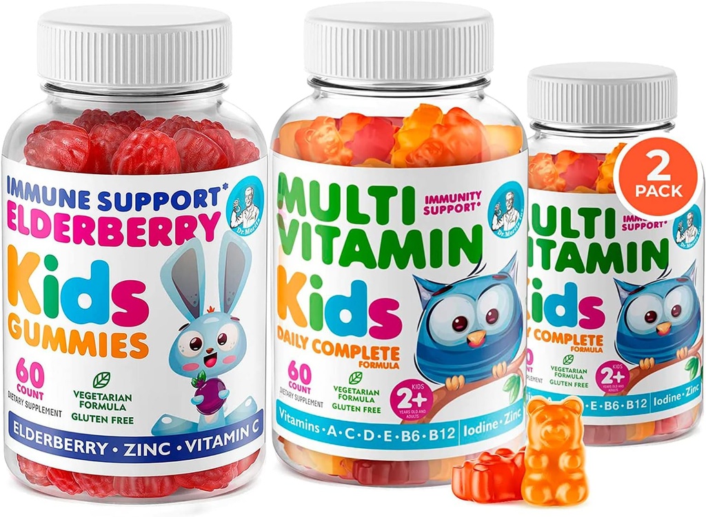 DR. MORITZ Healthy Kids' Essentials Pack - Gummies de baies aînées pour enfants (60 comtes) avec multivitamine (120 comtes)