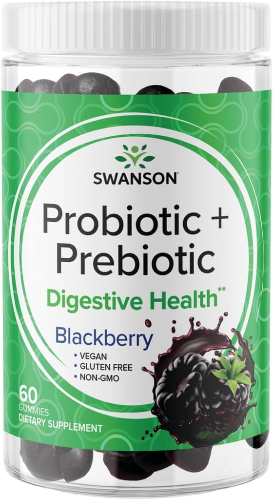 Swanson Probiotique + Gommies prébiotiques - Supplément de soutien digestif Promouvoir la fonction digestive et la régularité de l'intestin - Aide à soutenir la santé immunitaire - (BlackBerry, 60 Gommies)