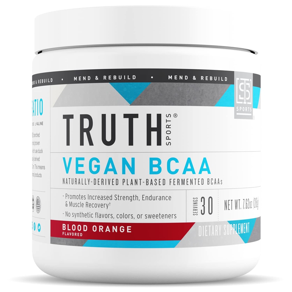 Truth Nutrition Vegan BCAA Powder- 2:1:1 Ratio Acides aminés naturels BCAAs Poudre pour l'énergie, Muscle Building, Recovery Boissons post-entraînement pour la récupération musculaire (Blood Orange, 30 portions)