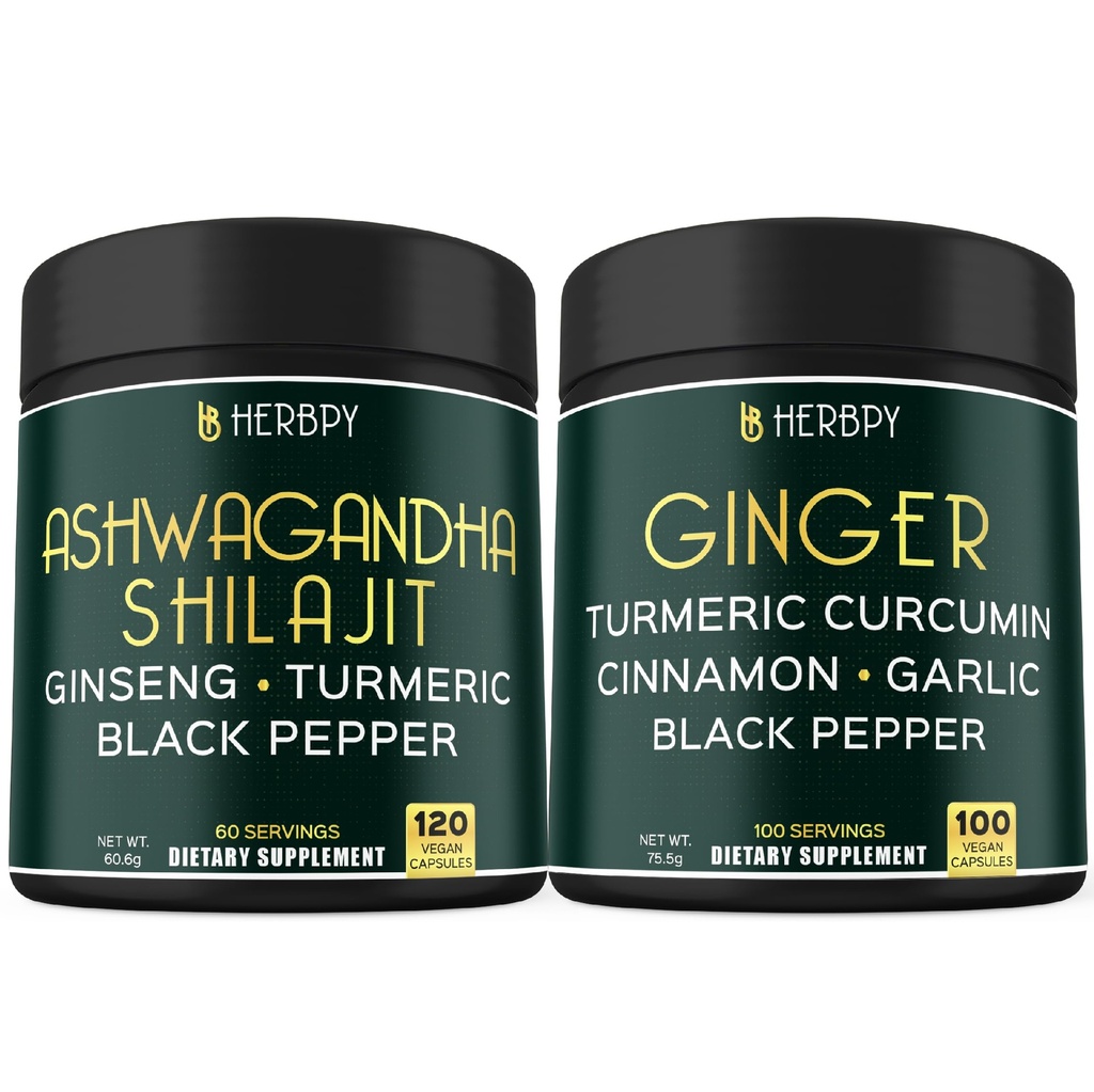 Bundle 5in1 Ashwagandha Shilajit & 5in1 Supplément Ginger - Soutien Cœur, Digestion Santé et Immune