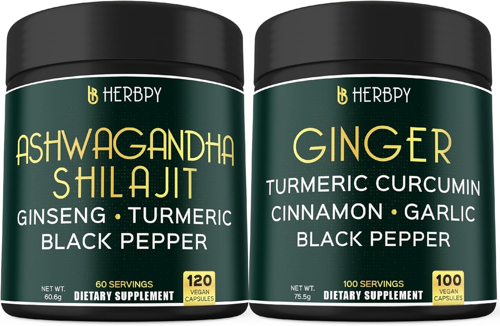 Bundle 5in1 Ashwagandha Shilajit & 5in1 Supplément Ginger - Soutien Cœur, Digestion Santé et Immune