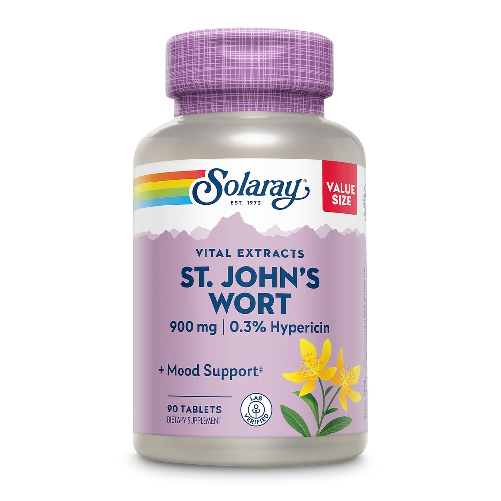SOLARAY St. Johns Wort Aerial Extract One Daily 900mg=" Standardized w/ 0,3% Hypericine pour la stabilité de l'humeur" Non-OGM=" 90 portions