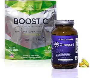 Huile de poisson softgels et mélange de vitamine C, poudre de vitamine C premium et protocole Omega-3, stimulation énergétique, végétalien, sans gluten (1 mois d'approvisionnement)