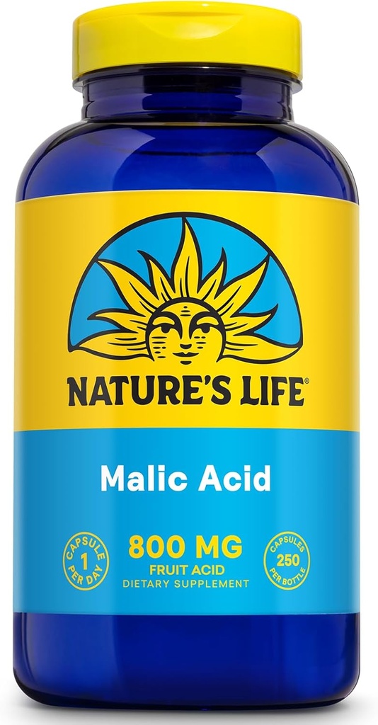 Nature's Life Malic Acid Supplement 800 mg - Healthy Muscle Function and Cellular Energy Support - Dietary Fruit Acid - Garantie de remboursement de 60 jours, laboratoire vérifié - 250 portions, 250 capsules