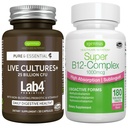 Cultures vivantes+ Lab4 Probiotiques + Super B12-Complex, groupe végétalien, 25 milliards CFU Lactobacillus Acidophilus et Bifidobacterium + Haute Absorption Sublingual B12, par Igennus
