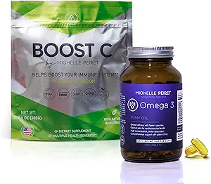 Huile de poisson softgels et mélange de vitamine C, poudre de vitamine C premium et protocole Omega-3, stimulation énergétique, végétalien, sans gluten (1 mois d'approvisionnement)
