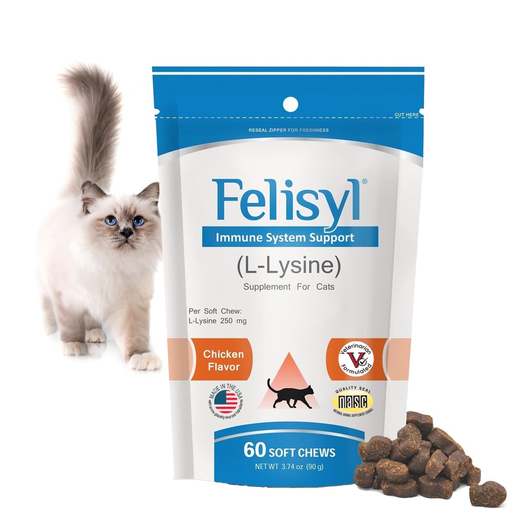 Felisyl Immune System Support for Cats - Amino Acid L-Lysine - Produire des anticorps - Tissus sains, santé respiratoire, vision - 60 Chews doux