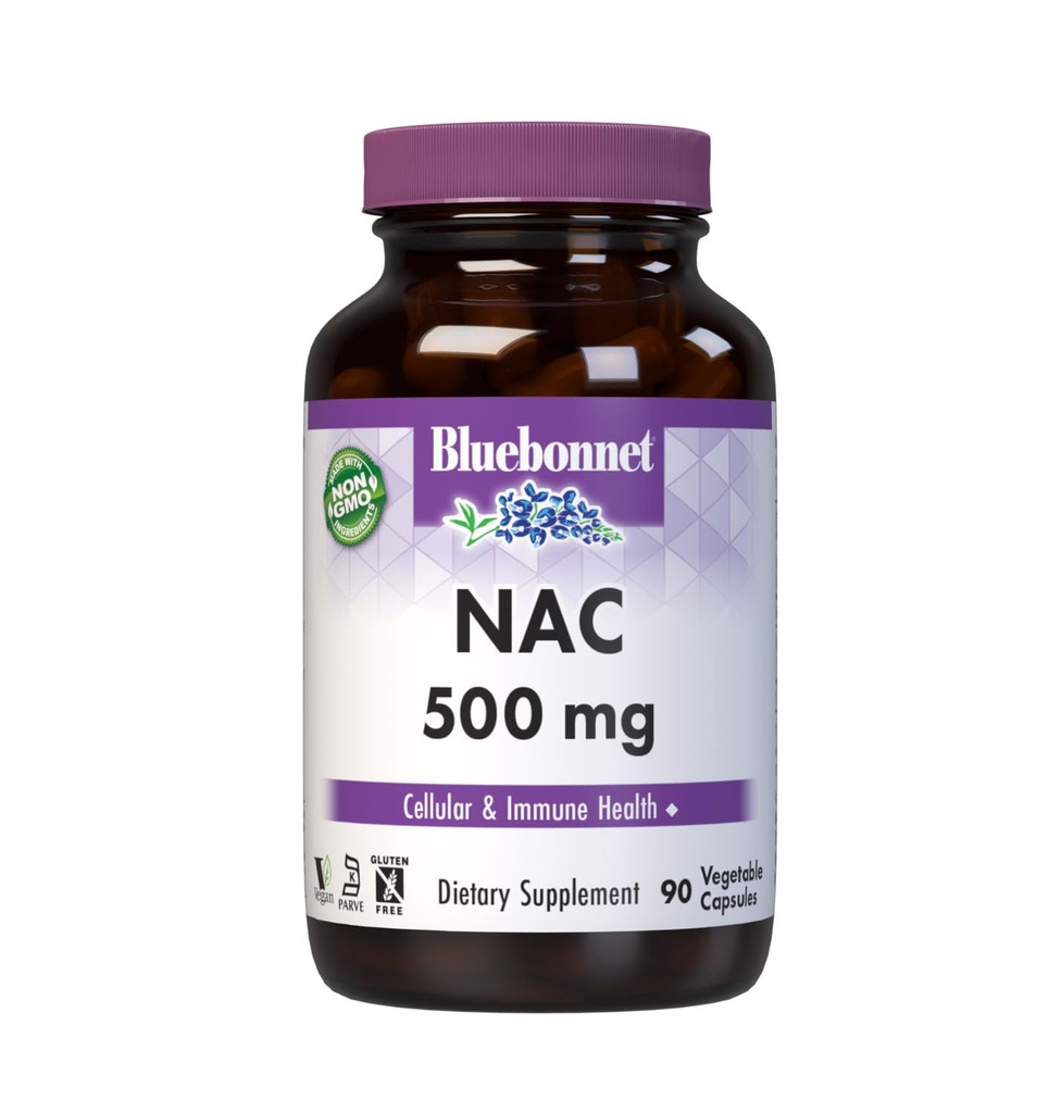 Bluebonnet Supplément NAC N-acétyl-L-Cysteine 500 mg - Antioxydant Santé cellulaire et soutien immunitaire - Acide amino de forme libre pour les femmes et les hommes - Non-OGM, Casher, Sans gluten - 90 capsules végétales