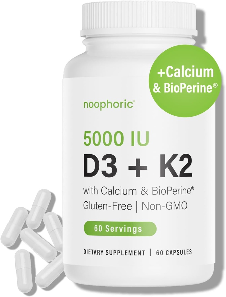 Noophorique D3 K2 Vitamine 5000 UI - Vitamine K2 100 mcg MK7, Calcium, BioPerine - Supplément de soutien pour la santé et l'immunité des os - Sans gluten, sans OGM - Supplément pour la vitamine D3 K2 (60 portions)