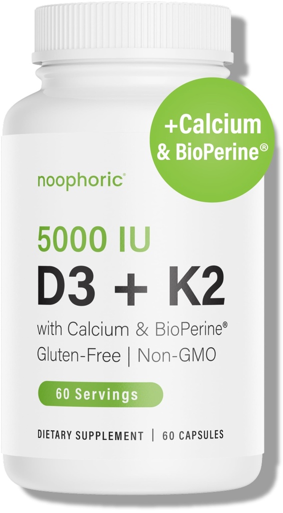 Noophorique D3 K2 Vitamine 5000 UI - Vitamine K2 100 mcg MK7, Calcium, BioPerine - Supplément de soutien pour la santé et l'immunité des os - Sans gluten, sans OGM - Supplément pour la vitamine D3 K2 (60 portions)