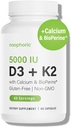 Noophorique D3 K2 Vitamine 5000 UI - Vitamine K2 100 mcg MK7, Calcium, BioPerine - Supplément de soutien pour la santé et l'immunité des os - Sans gluten, sans OGM - Supplément pour la vitamine D3 K2 (60 portions)