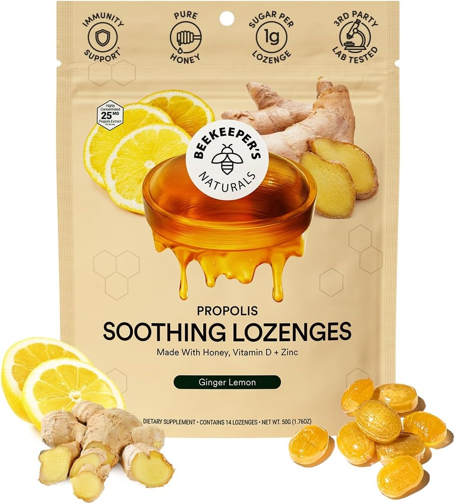 Bouchée de citron apaisante au miel naturel de l'apiculteur - Immune support avec vitamine D, zinc et propolis Gorge apaisante, 14 Ct