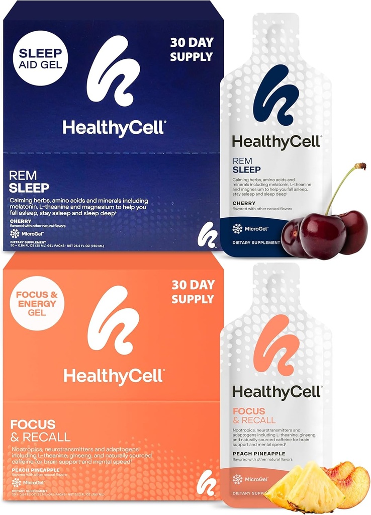 Supplément d'aide au sommeil de Healthycell REM + Supplément Cerveau Focus & Rappel pour la Mémoire & Focus Bundle