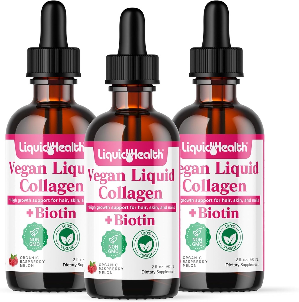 LIQUIDHEALTH 100% végétalien collagène Plus Biotine 100 000mcg gouttes liquides - Collagène liquide à base végétale pour les femmes et les hommes - Croissance des cheveux et des ongles, santé de la peau, stimule le métabolisme - Fabriqué aux États-Unis, Non-OGM (3 Pack)