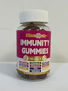 10-In-1 Immune Gommies avec multivitamines, 100% de zinc quotidien, supplément d'immunité de vitamine C et D3 + Echinacea, Sambucus Elderberry, Turmeric, Magnésium, Immune support, santé globale, sans sucre, 1 paquet