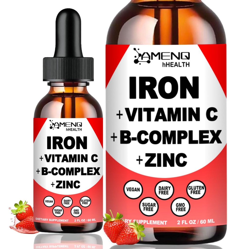 Supplément en fer liquide avec Vitamine C, A, B-Complex, Fer végétalien gouttes Vitamine liquide et suppléments en fer à haute puissance pour les femmes, les hommes et les enfants - soutenir les globules rouges, l'énergie, l'anémie et la fatigue