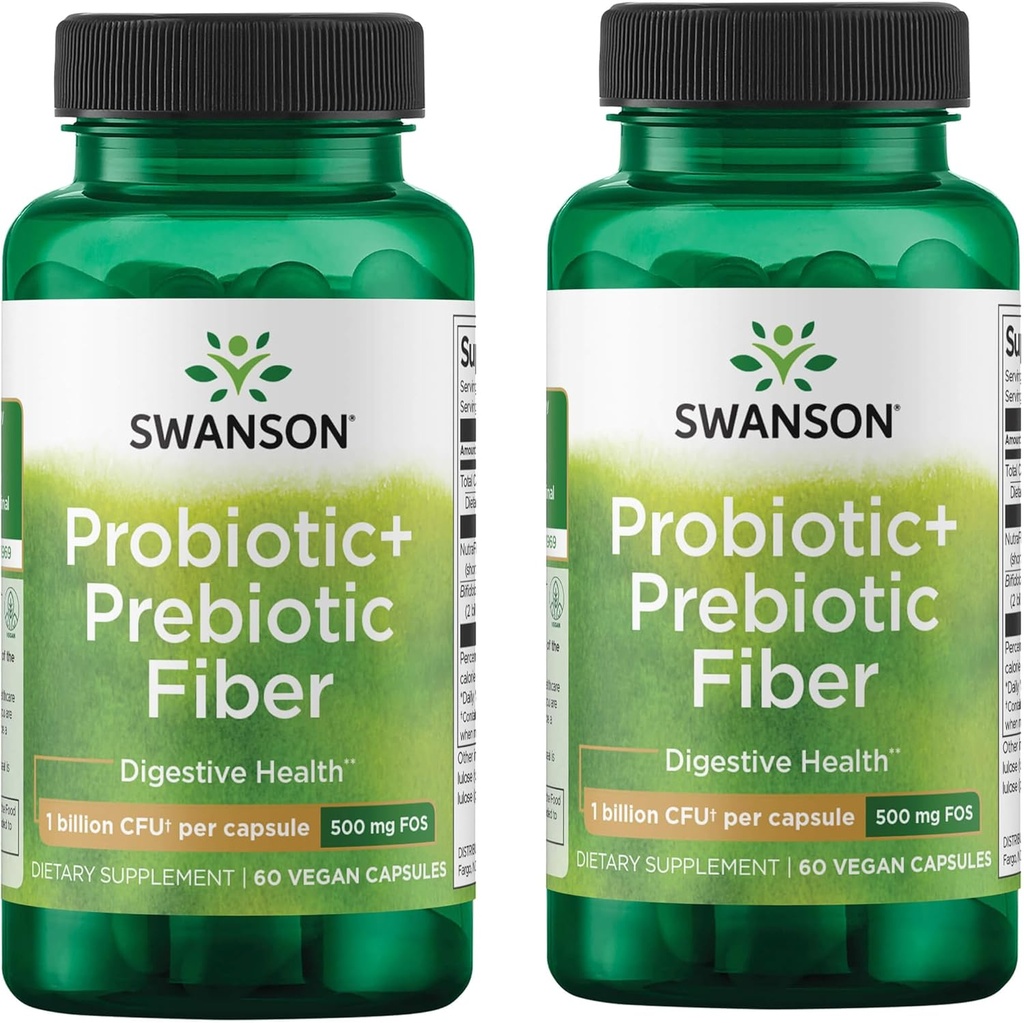 Swanson Prebiotic + Probiotic Fibre - Supplément naturel favorisant le système digestif et le soutien immunitaire de la santé - Aides Régulière et santé de l'IG - (60 capsules, 500 millions d'UCF chacune) (2 paquets)