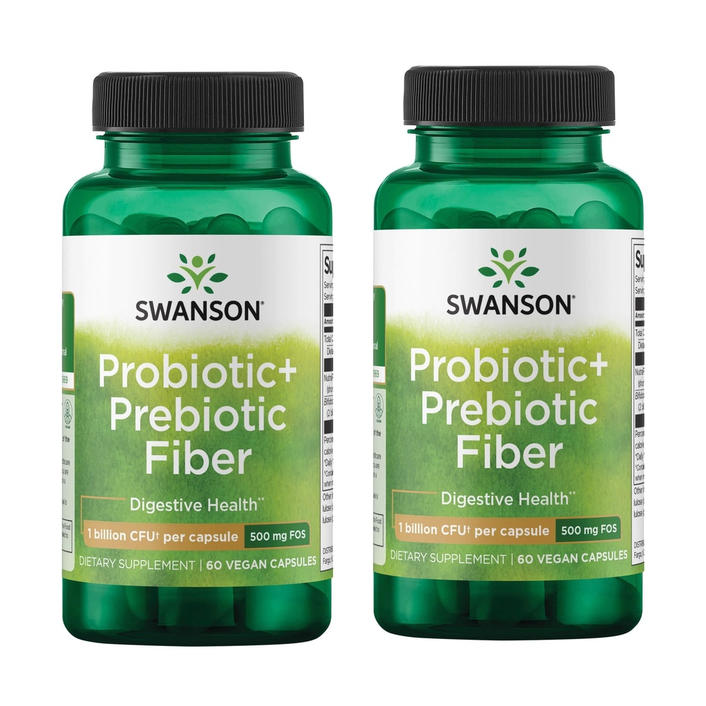 Swanson Prebiotic + Probiotic Fibre - Supplément naturel favorisant le système digestif et le soutien immunitaire de la santé - Aides Régulière et santé de l'IG - (60 capsules, 500 millions d'UCF chacune) (2 paquets)