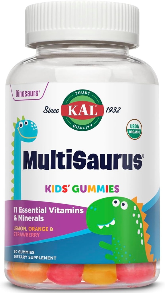 KAL MultiSaurus Multivitamine Gummies, USDA Multivitamine biologique pour les enfants, Bons sains, Immune et soutien énergétique, Vegan & sans gluten, Pas de saveurs ou de couleurs artificielles, 30 portions, 60 gommes