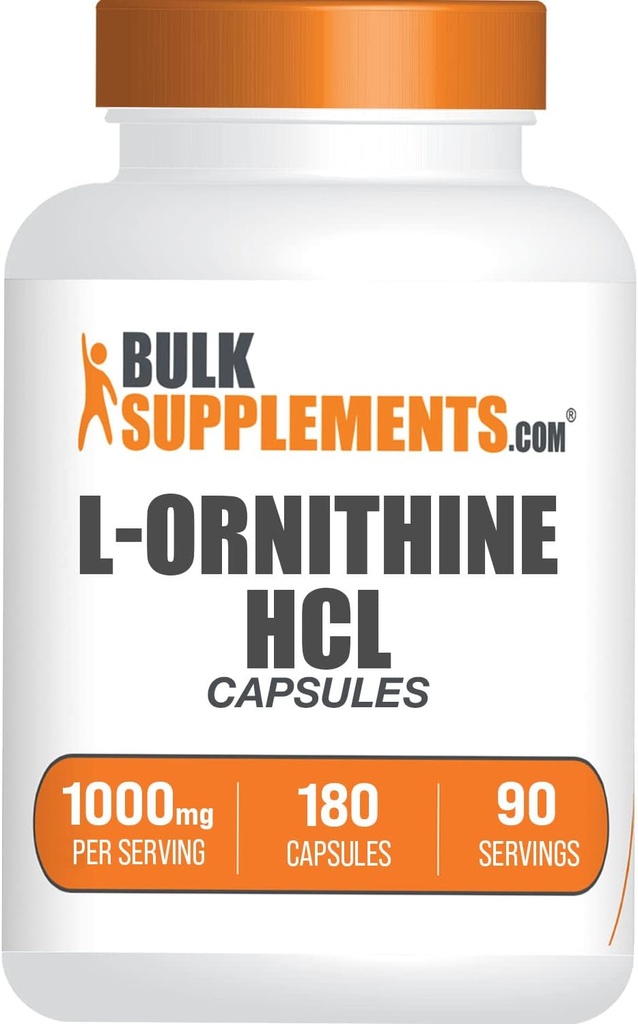 BulkSupplements.com Capsules de HCl L-Ornithine - Hydrochlorure de L-Ornithine, L-Ornithine 1000mg - Supplément acides aminés, sans gluten, 2 capsules par portion, 180 Nombre (paquet de 1)