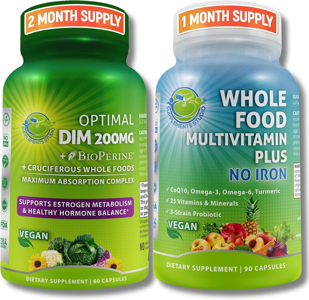 Soutien multisystème végétalien avec CoQ10, Omega-3, Probiotiques et curcuma - DIM optimum 200mg avec BioPerine et crucifères légumes et aliments entiers multivitamine Plus (pas de fer) pour les hommes et les femmes – Label propre
