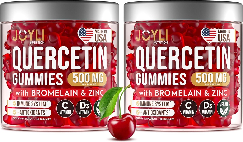 2 Pack - JOYLI Quercetin Gommies avec Bromelain, Zinc, Vitamine C & D3 – Supplément Quercetin sans sucre pour le soutien immunitaire et le bien-être saisonnier – 500mg Quercetin pour enfants et adultes – 60 Gommies par Pack