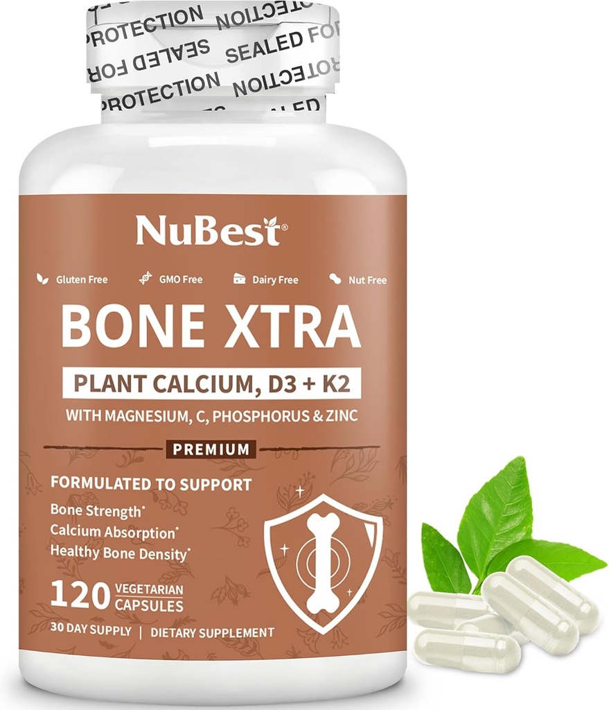 NuBest Bone Xtra formule de résistance des os à base de plantes avec calcium, magnésium de l'algue marine, phosphore, vitamine C, K2, D3.