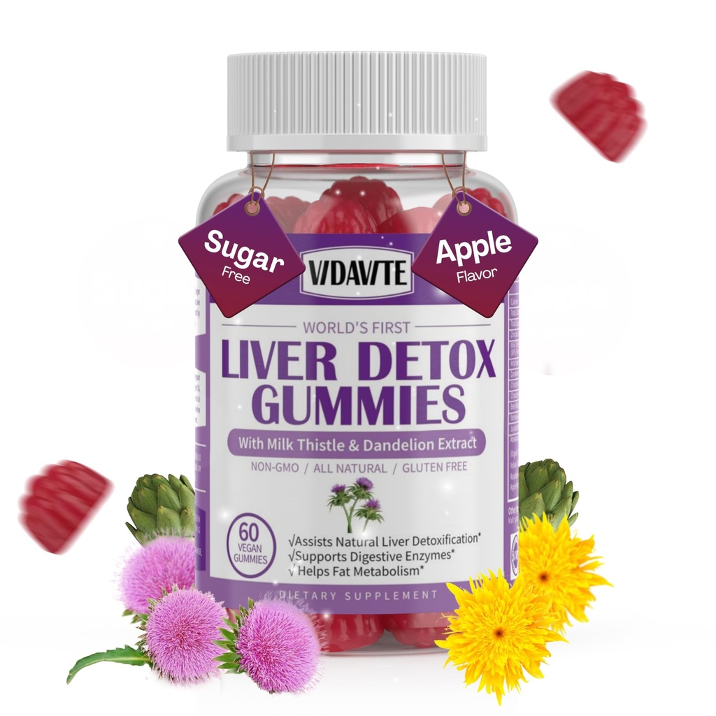 VIDAVITE Foie Nettoyant Détox & Gummies de réparation — Sans sucre, fabriqués aux États-Unis, 1500mg Lait supplément de chardon avec artichaut, dandelion et 20+ herbes — Supplément de soutien du foie pour les hommes et les femmes(60 Gummes végétaliens)