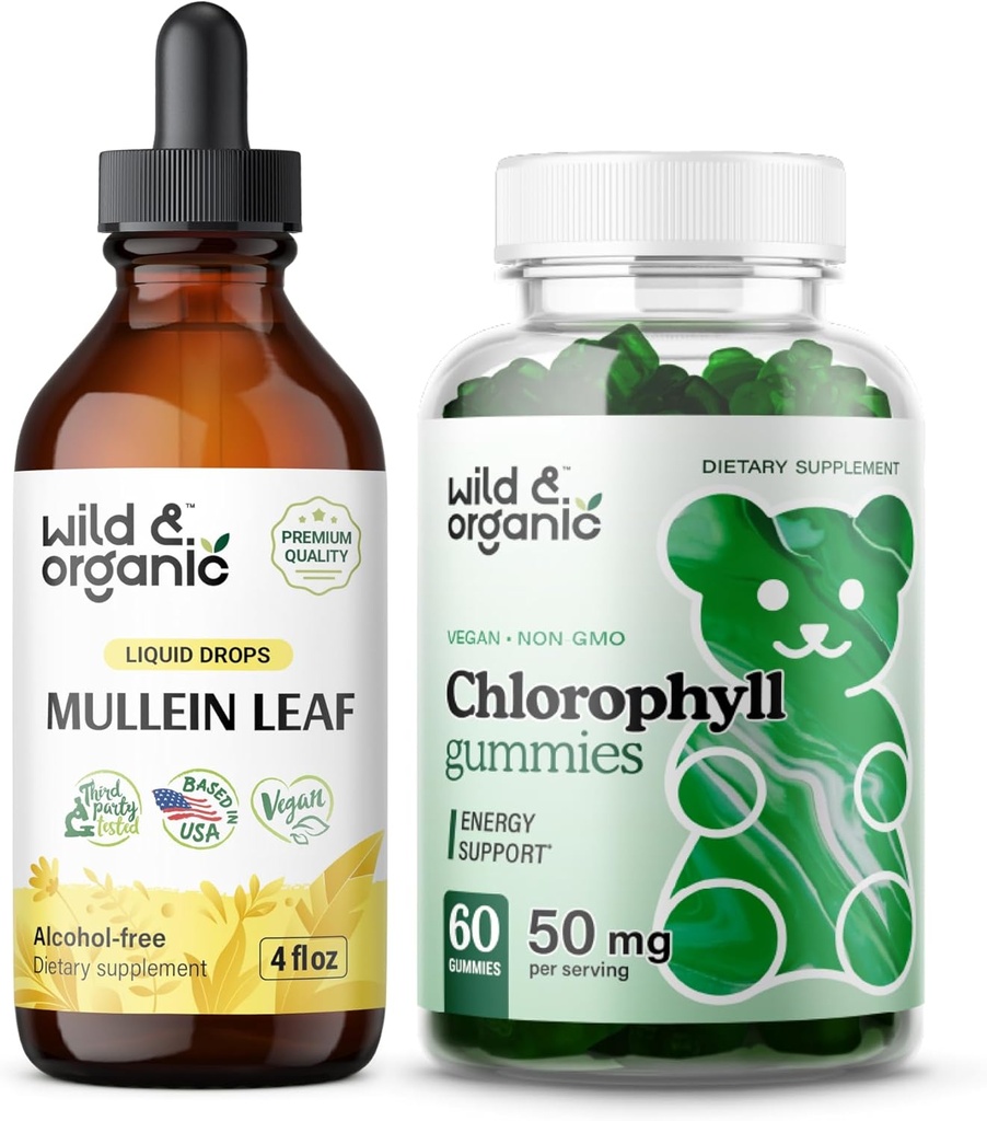 Muleine sauvage et biologique gouttes 4 oz et Gommies de chlorophylle 60 Chews