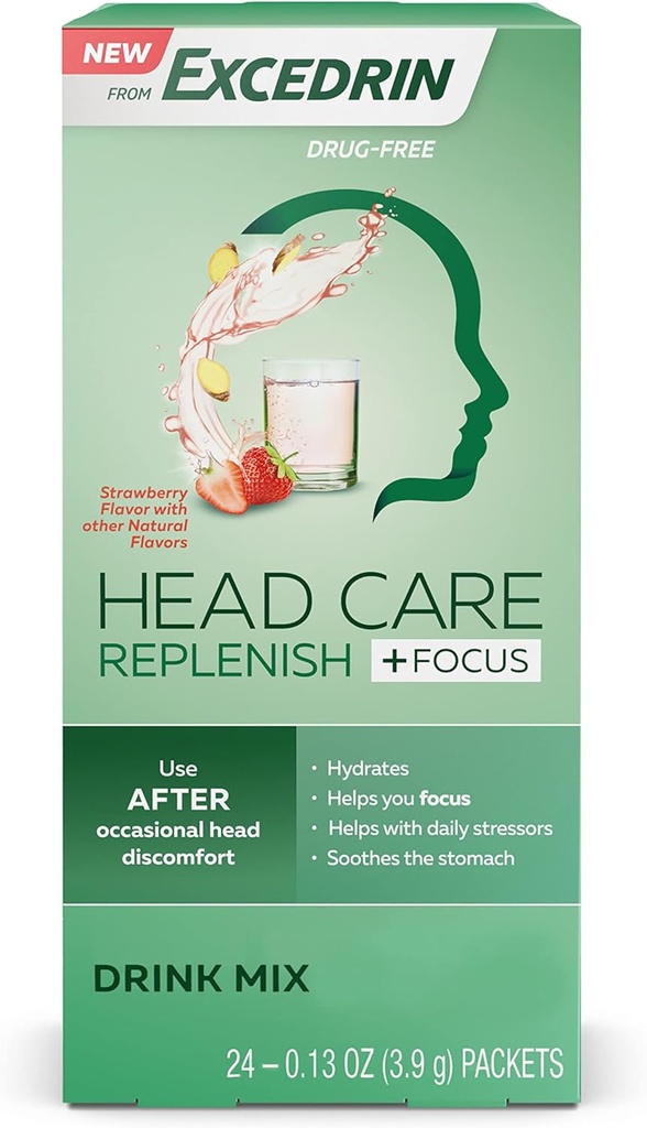 Excedrin Head Care Replenish Plus Focus de Excedrin Drink Mix avec électrolytes, L-Theanine, gingembre et caféine pour le soutien sanitaire de la tête - 24 packets
