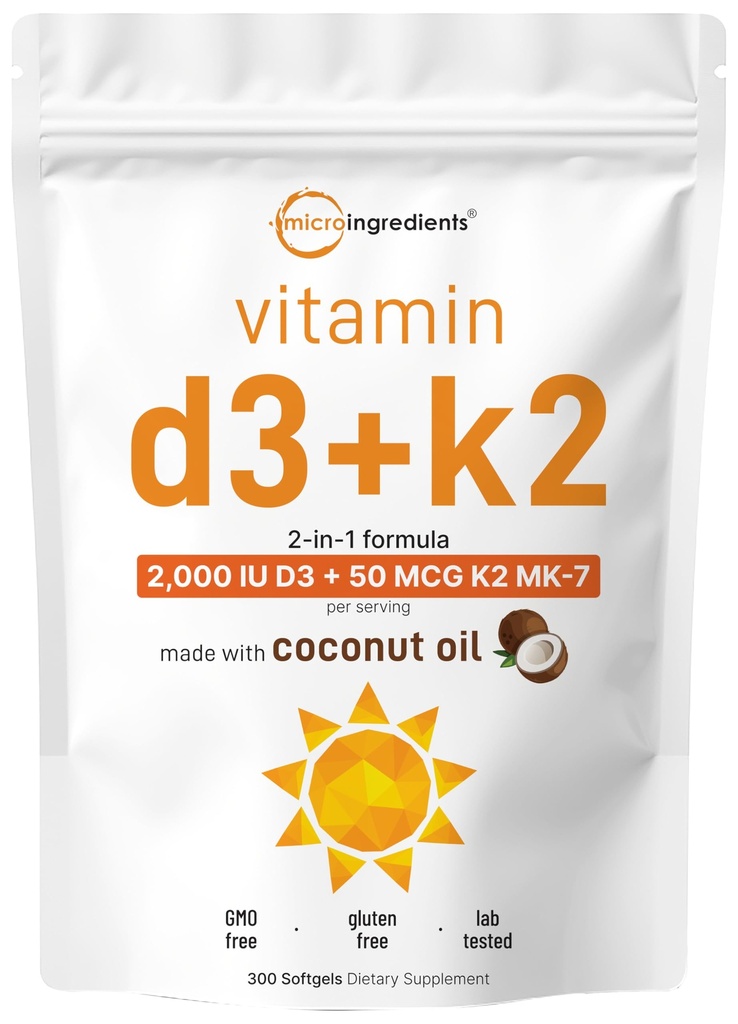 Micro-ingrédients Vitamine D3 2,000 UI + K2 MK-7 50 mcg, 300 Softgels.