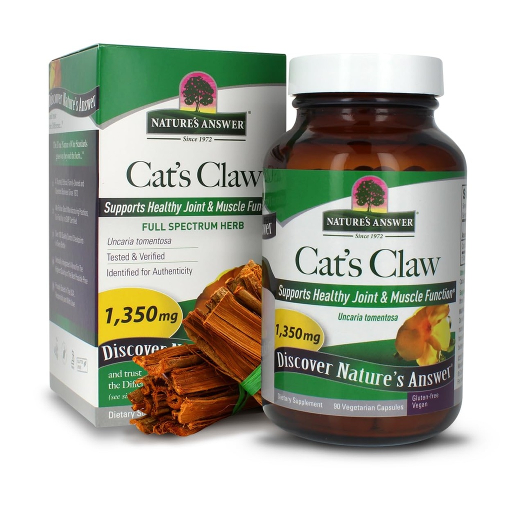 Nature's Answer Cat's Claw Inner Bark (en anglais seulement) Full Spectrum Herb (en anglais seulement) soutient une saine fonction articulaire et musculaire (en anglais seulement) sans gluten, végétalien/végétarien et kasher.
