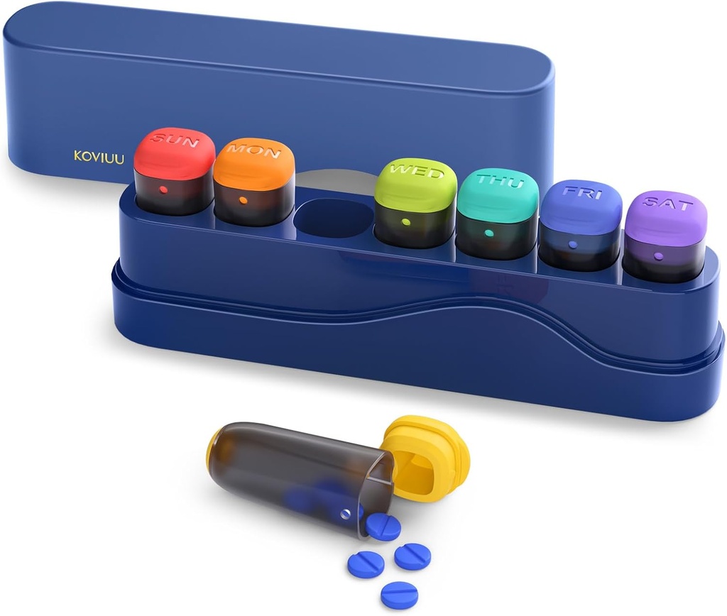 Organisateur hebdomadaire de pilules 1 fois par jour, KOVIUU Pill Box 7 Day, Portable Travel Pill Case, Une fois par jour Porte-conteneur de médicaments, Distributeur hebdomadaire de pilules pour supplément de vitamine médecine, Bleu